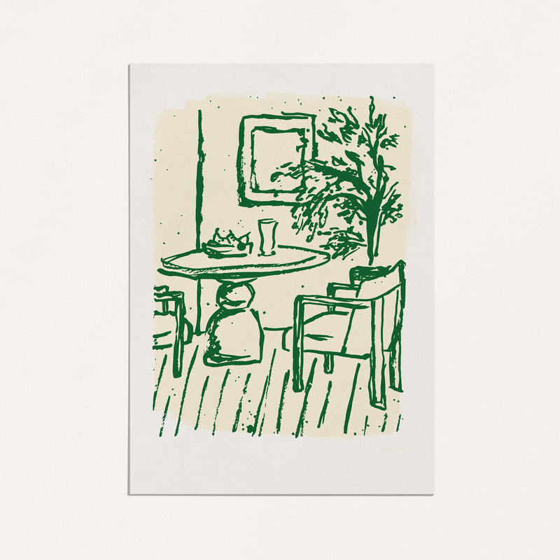 Chairs and Whispers - Green/ Cream - Art Print