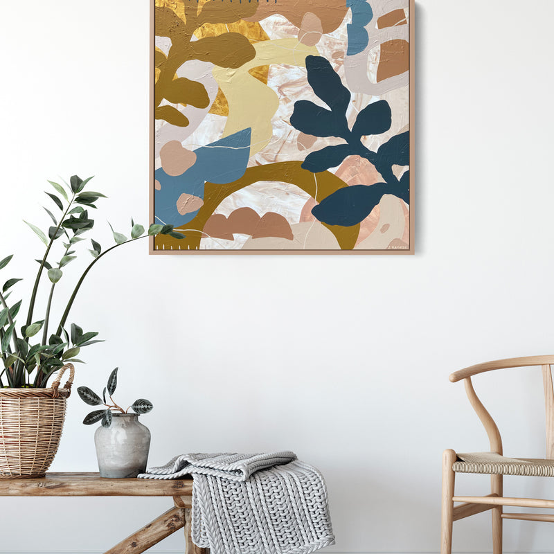 blue ochre tone abstract botanical original artwork
