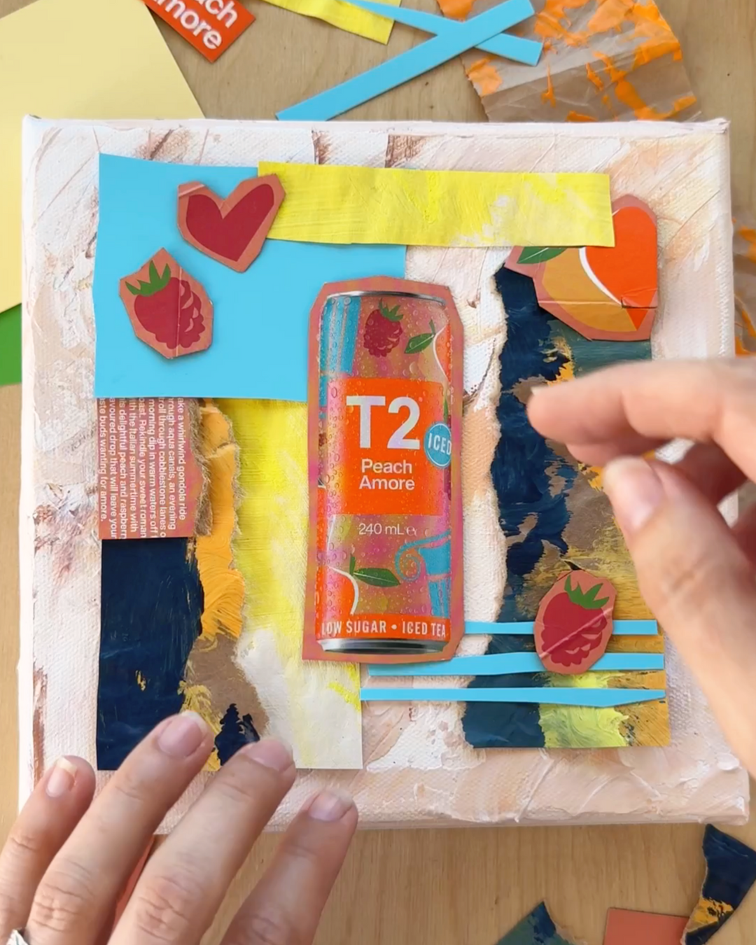 Handmade collage with colorful elements and a T2 branded product