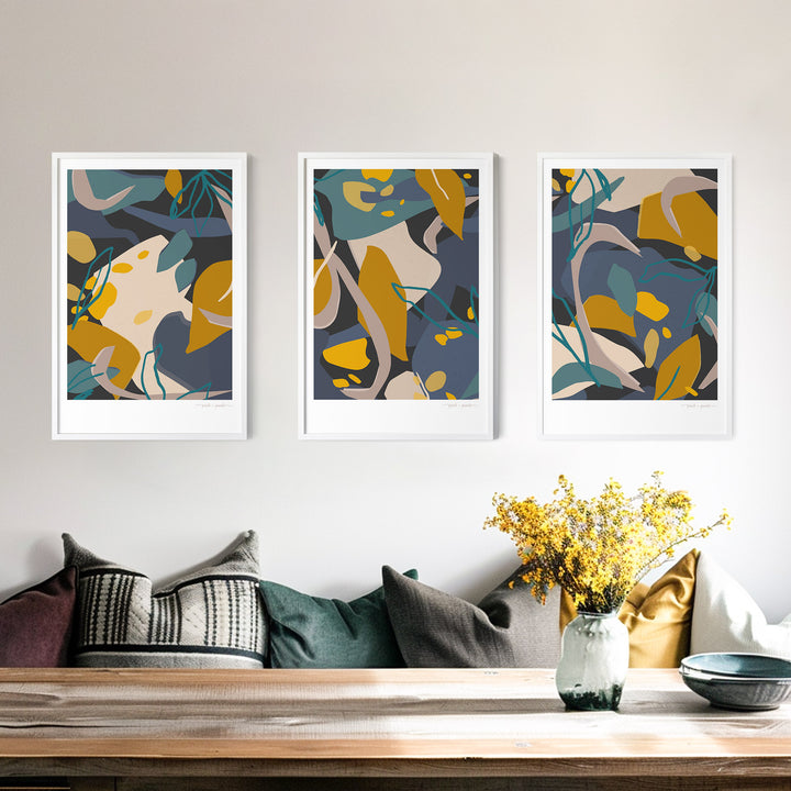 Golden Leaf Trio - Abstract Art Prints