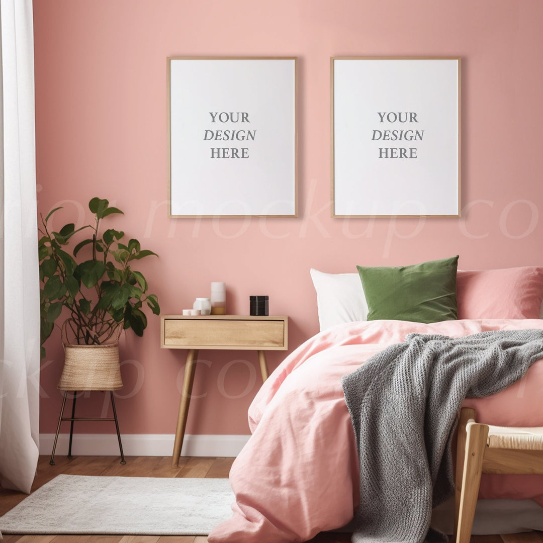 Pink wall bedroom set of two frame mock ups Colorful Frame Mockup Bundle PSD Bright Modern Interior Room Colourful Wall Art Frames