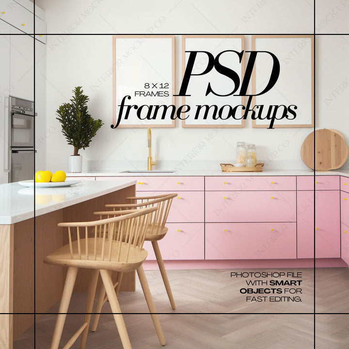 Pink Set of 3 Frames Mockup Colorful Kitchen Interior PSD bright poster template