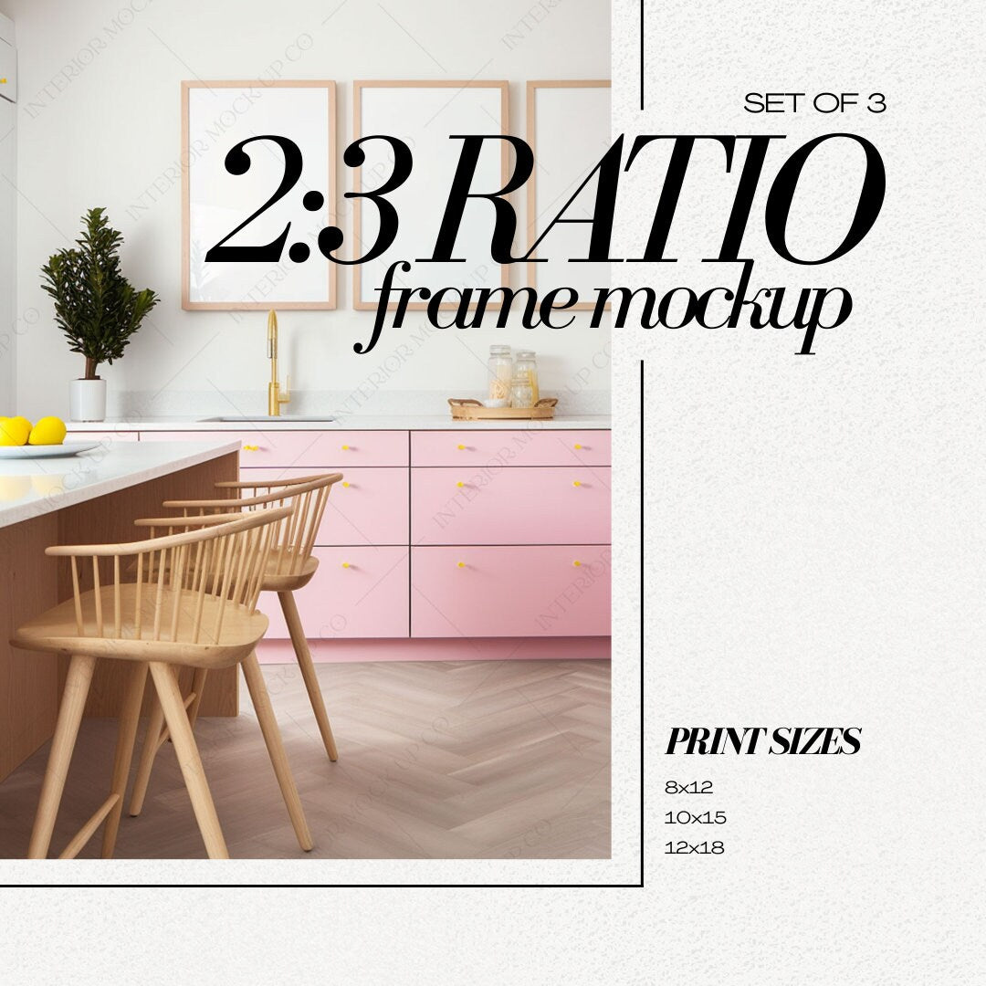 Pink Set of 3 Frames Mockup 2x3 ratio Colorful Kitchen Interior PSD bright poster template