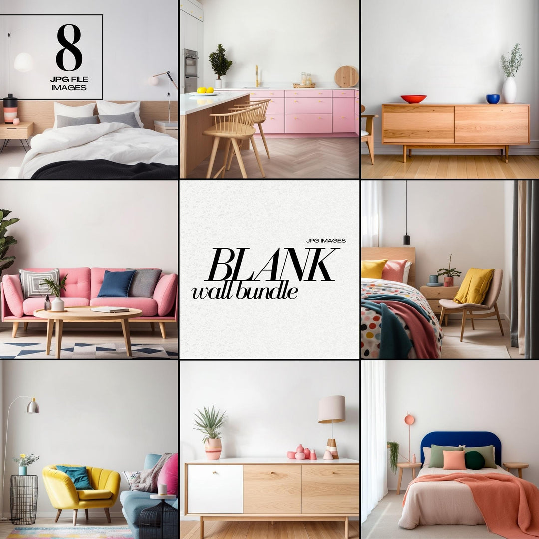 Colorful Interior Artwork Mockup Bundle JPG Bright Blank Wall Art Stock Image Colourful