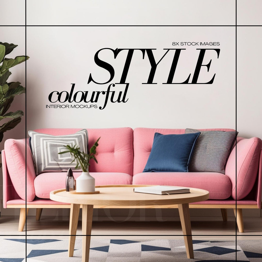 Colorful Interior Artwork Mockup Bundle JPG Bright Blank Wall Art Stock Image Colourful