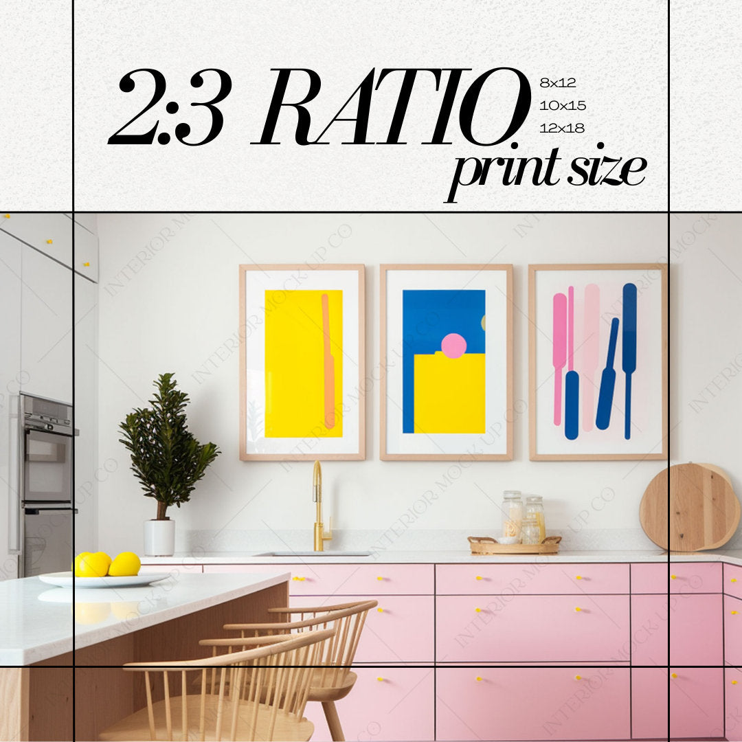 Pink Set of 3 Frames Mockup Colorful Kitchen Interior PSD bright poster template