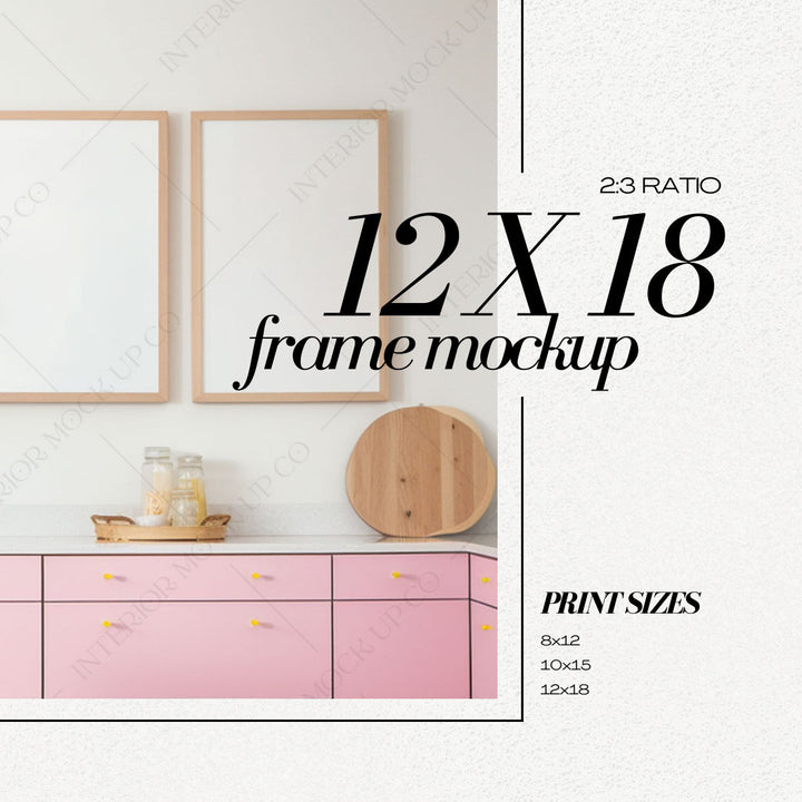 Pink Set of 3 Frames Mockup Colorful Kitchen Interior PSD bright poster template