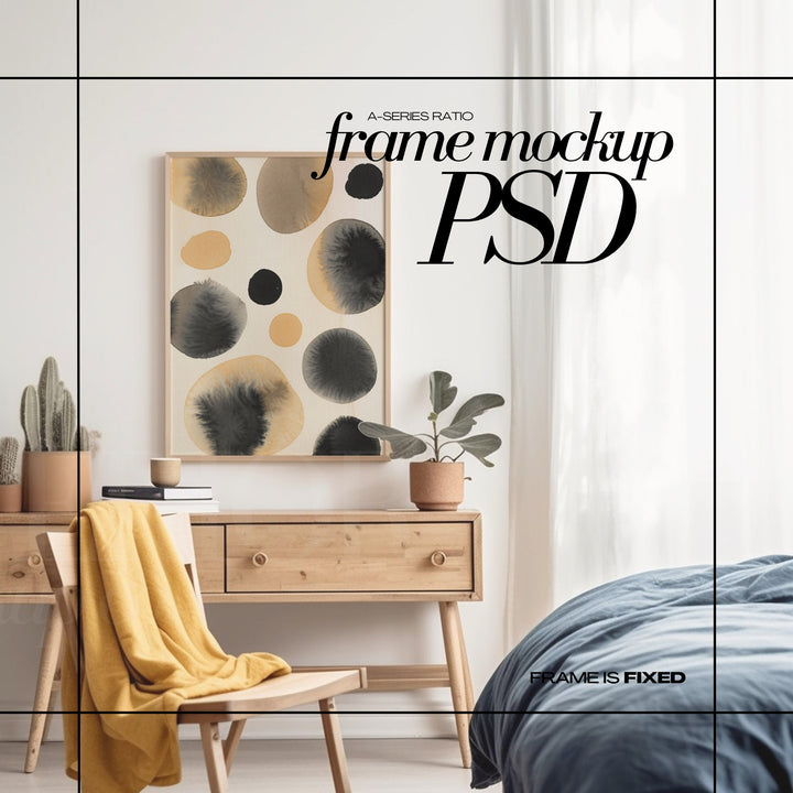 DIN A2 Frame Mockup PSD Vertical Wooden Frames Mock up for Art Print Colorful Bedroom Interior Scene