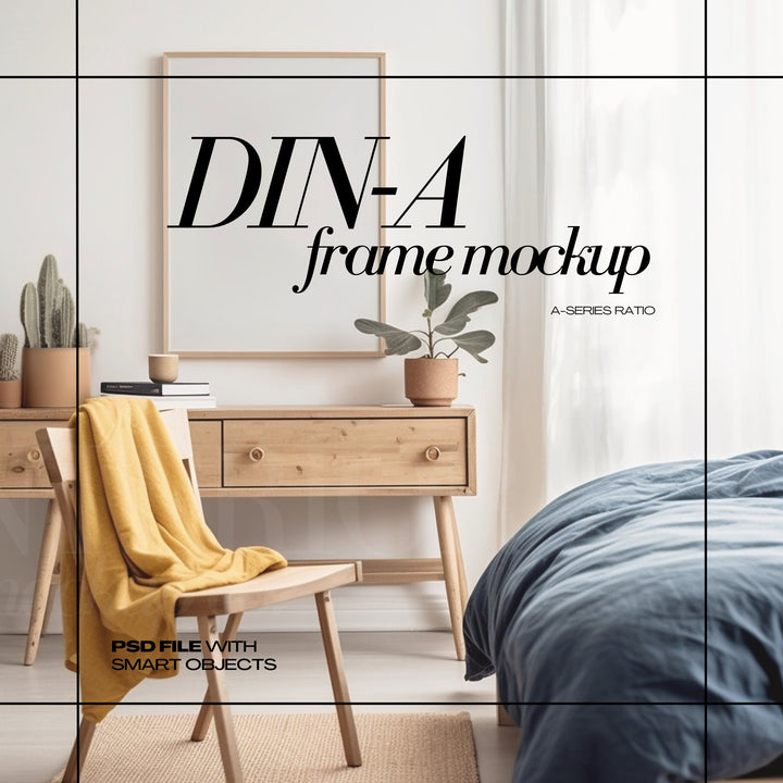 DIN A2 Frame Mockup PSD Vertical Wooden Frames Mock up for Art Print Colorful Bedroom Interior Scene