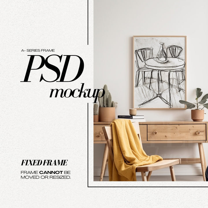 DIN A2 Frame Mockup PSD Vertical Wooden Frames Mock up for Art Print Colorful Bedroom Interior Scene