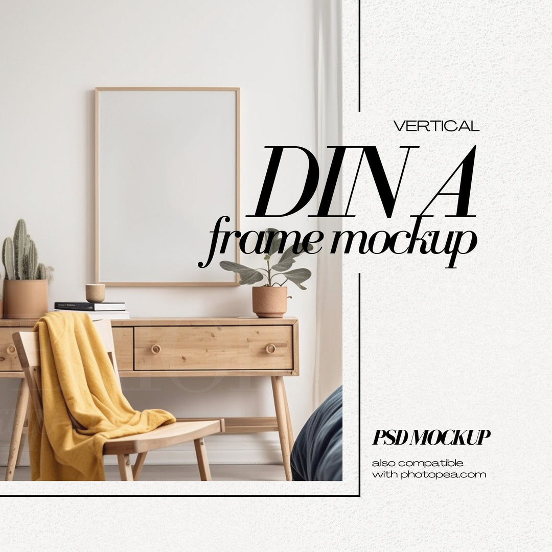 DIN A2 Frame Mockup PSD Vertical Wooden Frames Mock up for Art Print Colorful Bedroom Interior Scene