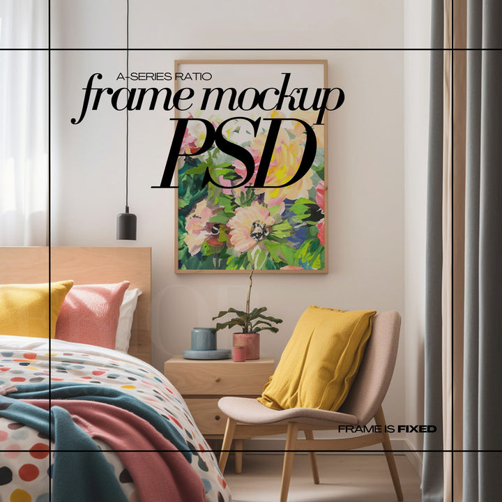 DIN A1 Frame Mockup PSD Vertical Wood Frames Mock up for Art Print, Colorful Bedroom Interior Scene