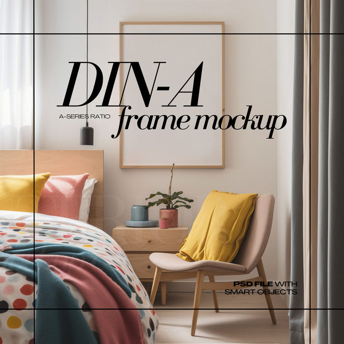 DIN A1 Frame Mockup PSD Vertical Wood Frames Mock up for Art Print, Colorful Bedroom Interior Scene