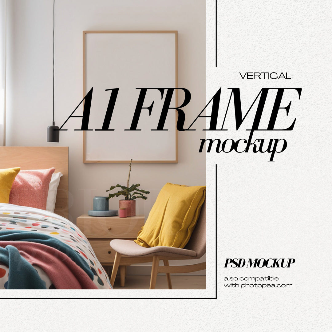 DIN A1 Frame Mockup PSD Vertical Wood Frames Mock up for Art Print, Colorful Bedroom Interior Scene