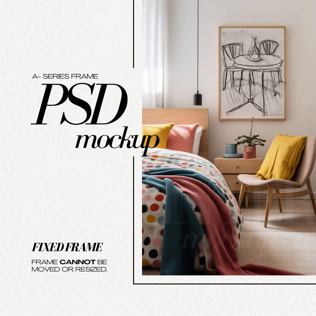 DIN A1 Frame Mockup PSD Vertical Wood Frames Mock up for Art Print, Colorful Bedroom Interior Scene