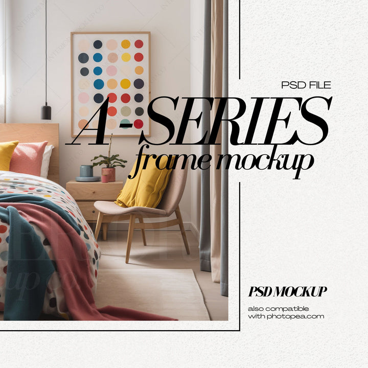 DIN A1 Frame Mockup PSD Vertical Wood Frames Mock up for Art Print, Colorful Bedroom Interior Scene