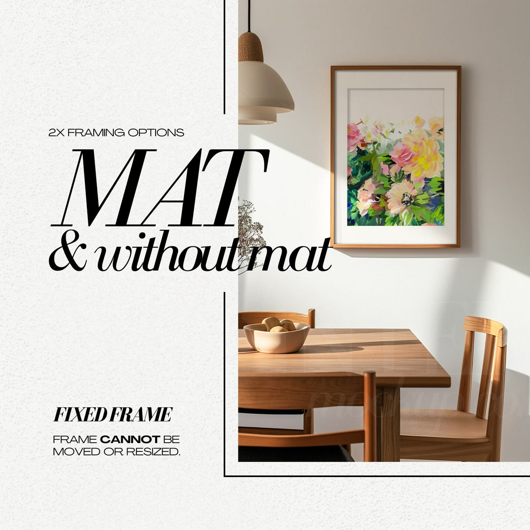 DIN A2 Frame Mockup PSD Vertical Wooden Frames for Art Print, Modern Dining Room Interior