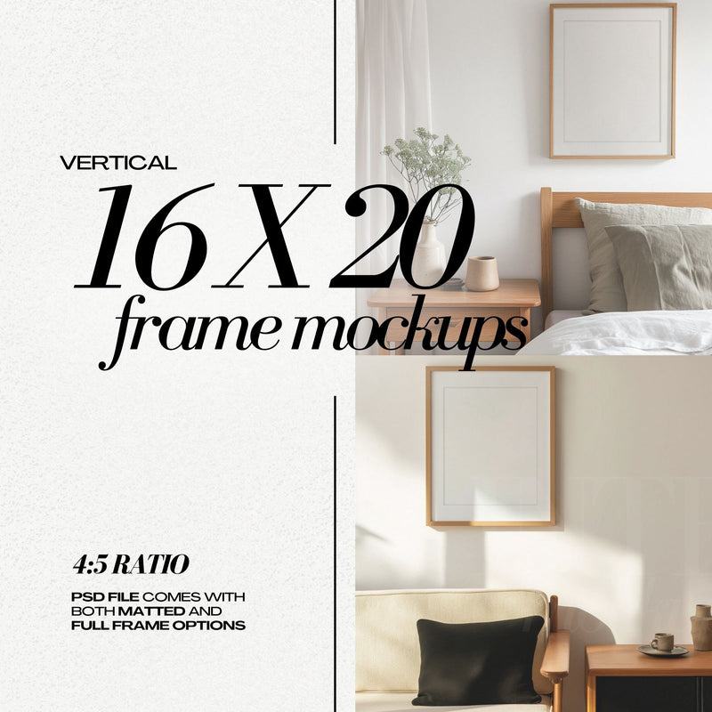 Modern Frame Mockup Bundle PSD Japandi Interior Style Wooden Frames Mock up Set for Wall Art