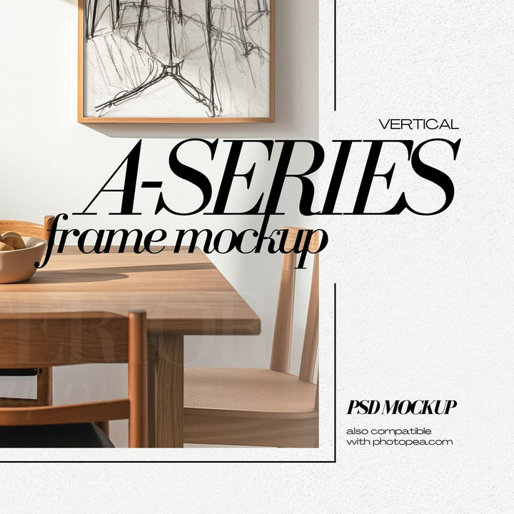 DIN A2 Frame Mockup PSD Vertical Wooden Frames for Art Print, Modern Dining Room Interior