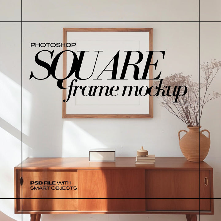 Mid Century Wood Frame Mockup PSD Square Wall Art Mockup Retro Furniture Interior