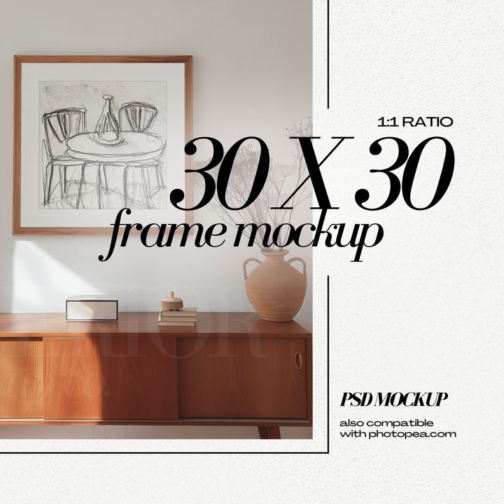 Mid Century Wood Frame Mockup PSD Square Wall Art Mockup Retro Furniture Interior