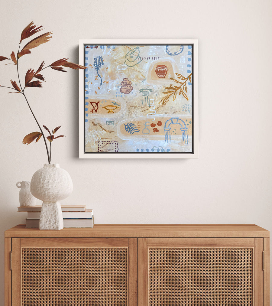 roman inspired original artwork textured blue orange tones