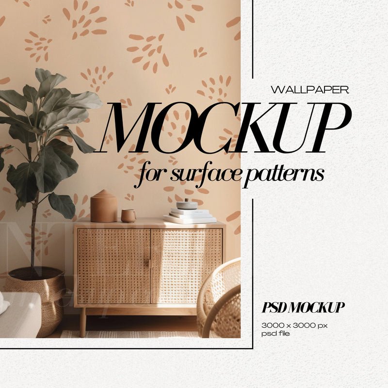Wallpaper Mockup Boho Interior Mock Up for Wall Covering PSD Surface Pattern Design
