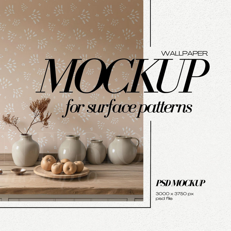 PSD Wallpaper Mockup Farmhouse Kitchen Interior Wall Covering Mock Up for Surface Patterns