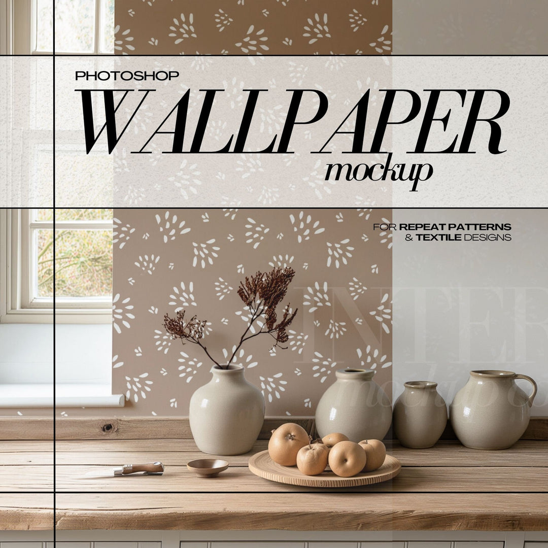 PSD Wallpaper Mockup Farmhouse Kitchen Interior Wall Covering Mock Up for Surface Patterns