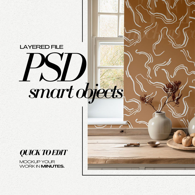 PSD Wallpaper Mockup Farmhouse Kitchen Interior Wall Covering Mock Up for Surface Patterns