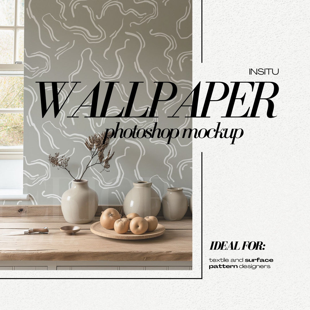 PSD Wallpaper Mockup Farmhouse Kitchen Interior Wall Covering Mock Up for Surface Patterns